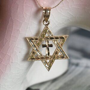 VTG 14K Solid Yellow Gold Necklace w/ Religious Christian Jewish Charm 17" Chain